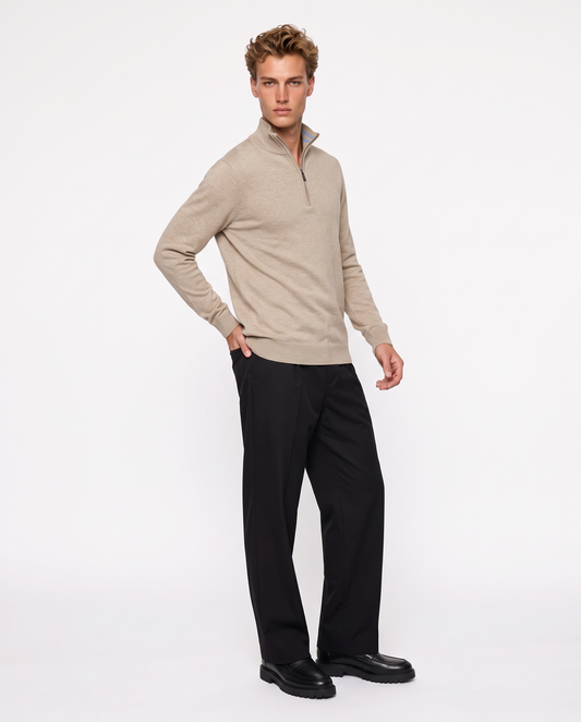 High-neck sweater with zip and suede patches - Beige