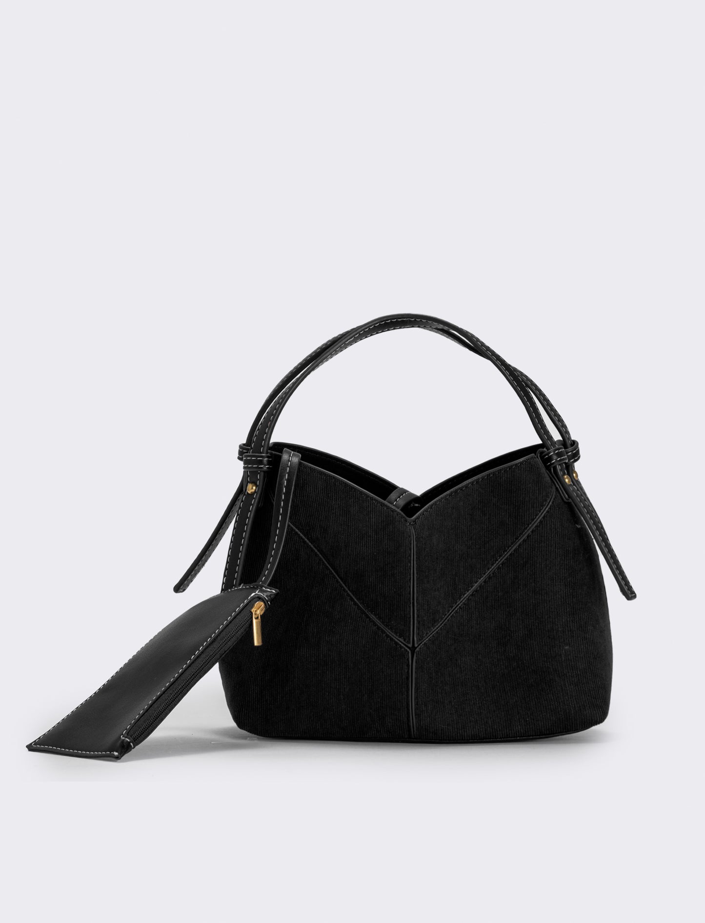Velvet ribbed handbag with shoulder strap - Black