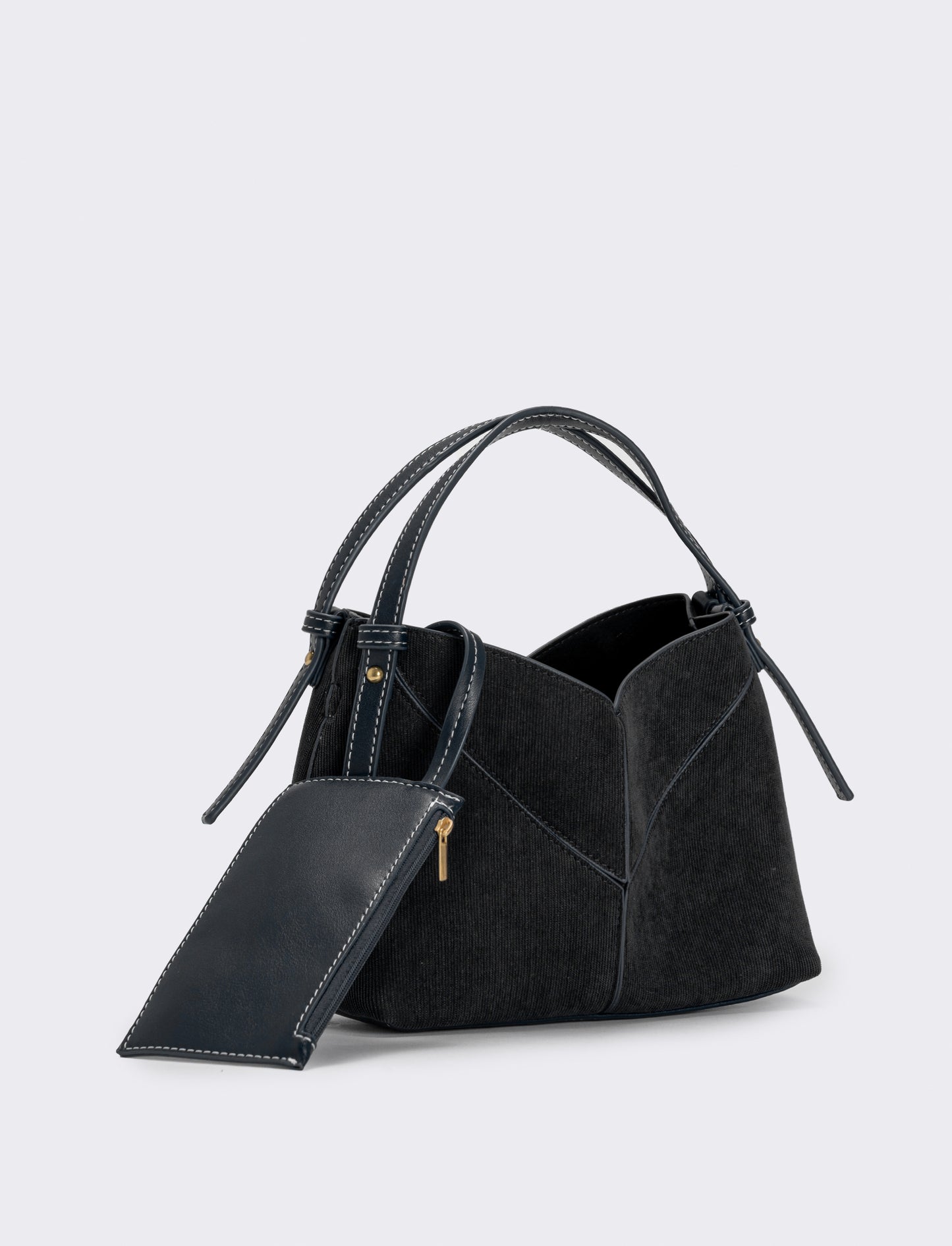Velvet ribbed handbag with shoulder strap - Black