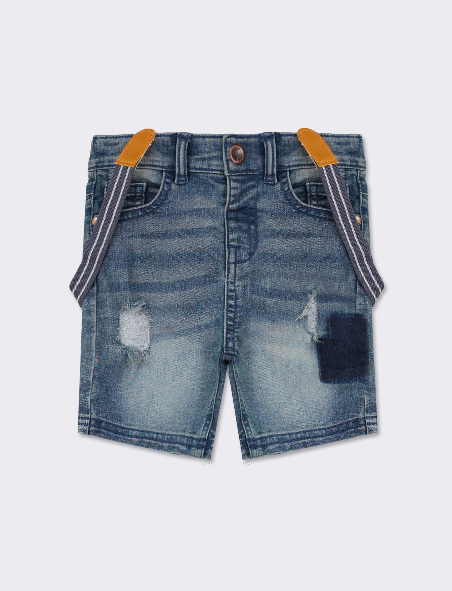 Distressed Denim Bermuda Shorts with Contrast Wash and Suspender Accessory - Blue