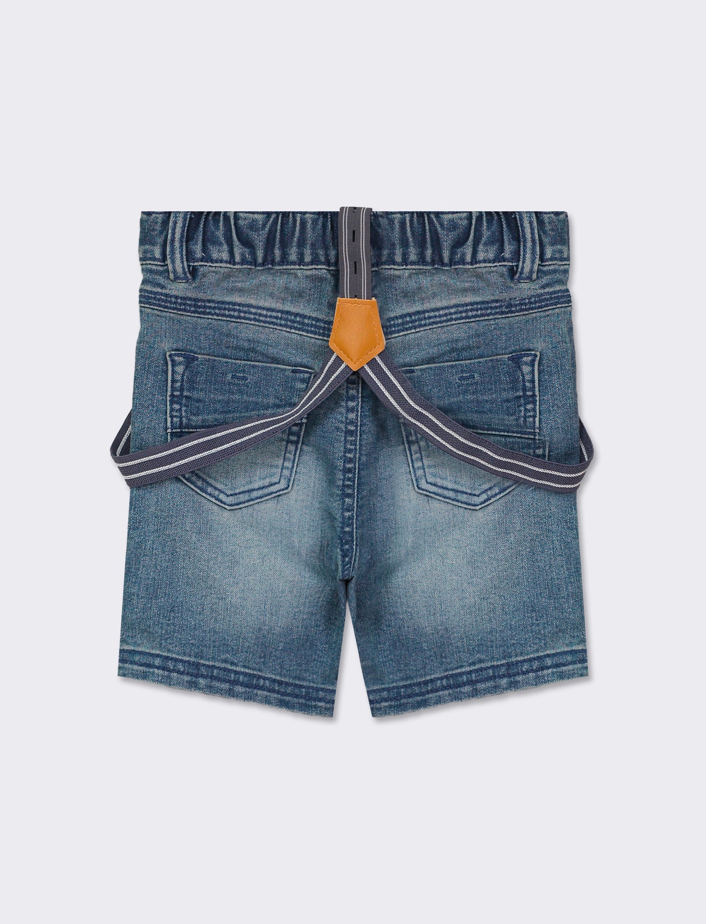 Distressed Denim Bermuda Shorts with Contrast Wash and Suspender Accessory - Blue