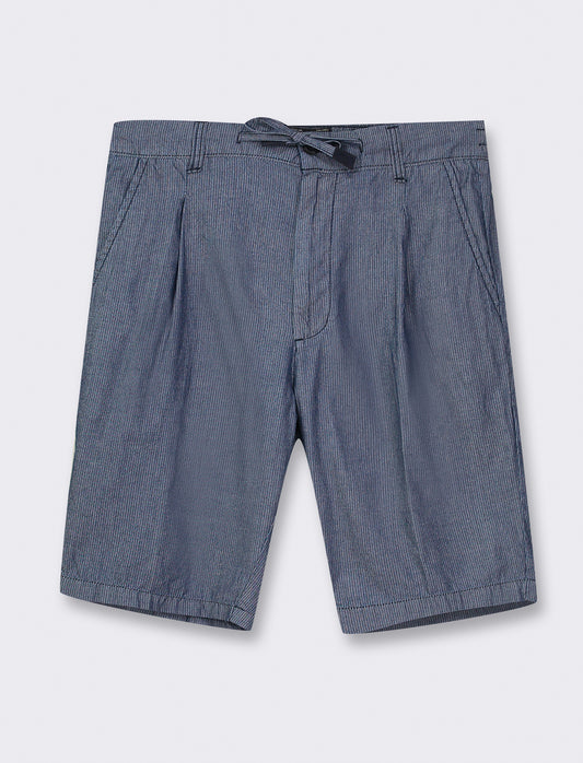 Men's Dark Blue Washed Denim Chino Bermuda Shorts with Front Pleats - Blue