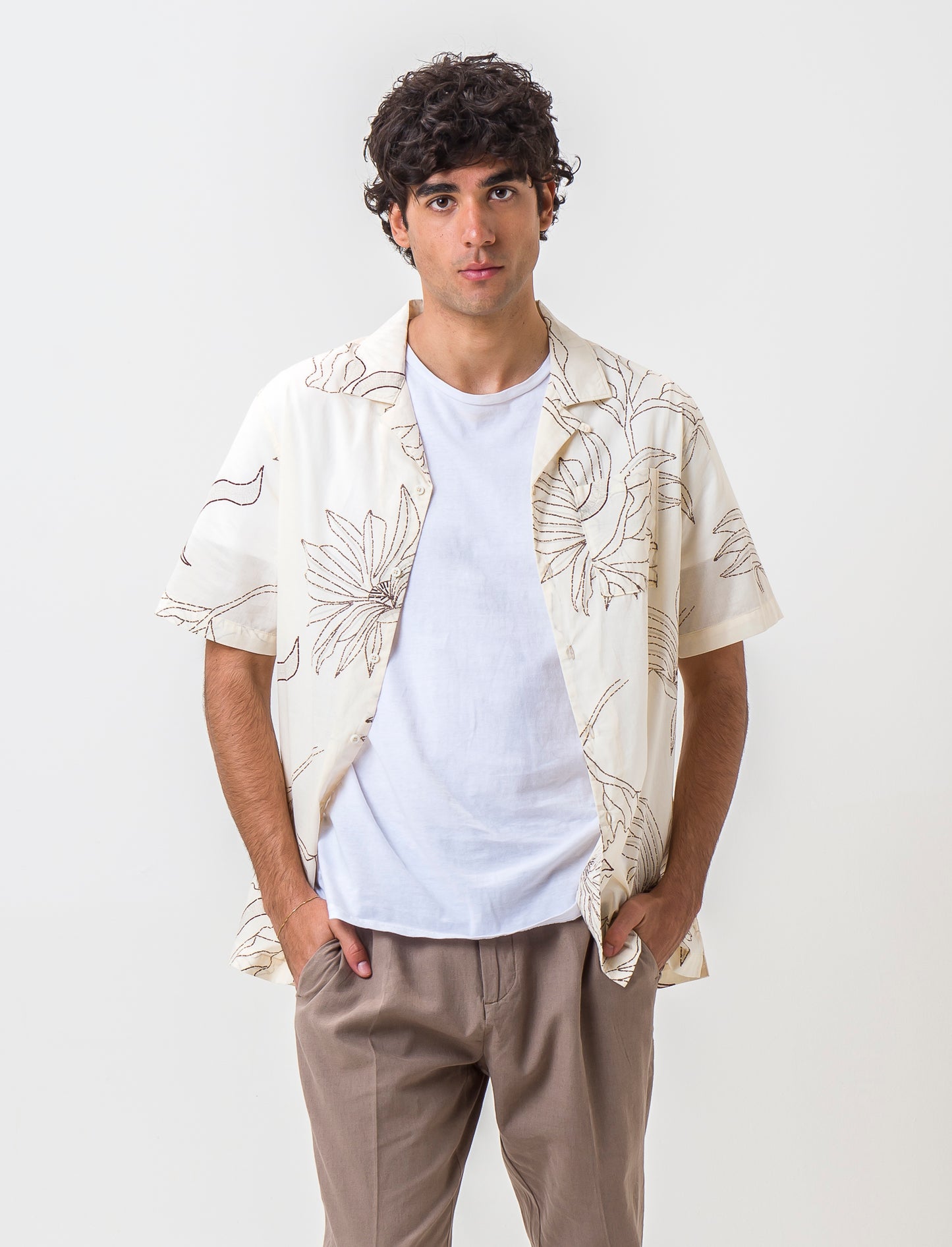 Relaxed Fit Cotton Shirt with Reversible Collar and Short Sleeves - Beige