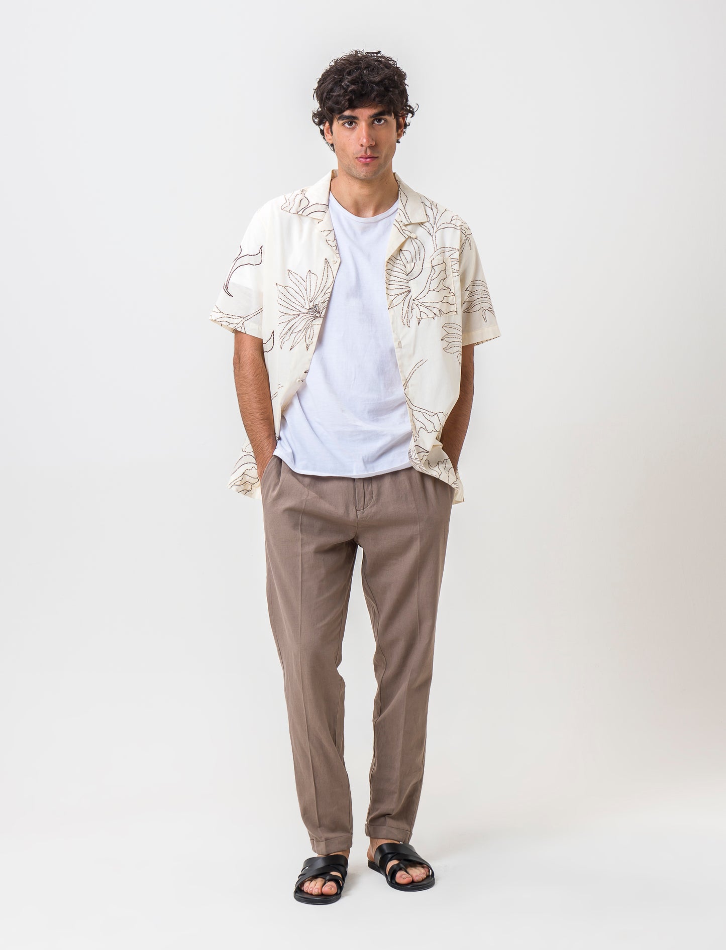 Relaxed Fit Cotton Shirt with Reversible Collar and Short Sleeves - Beige