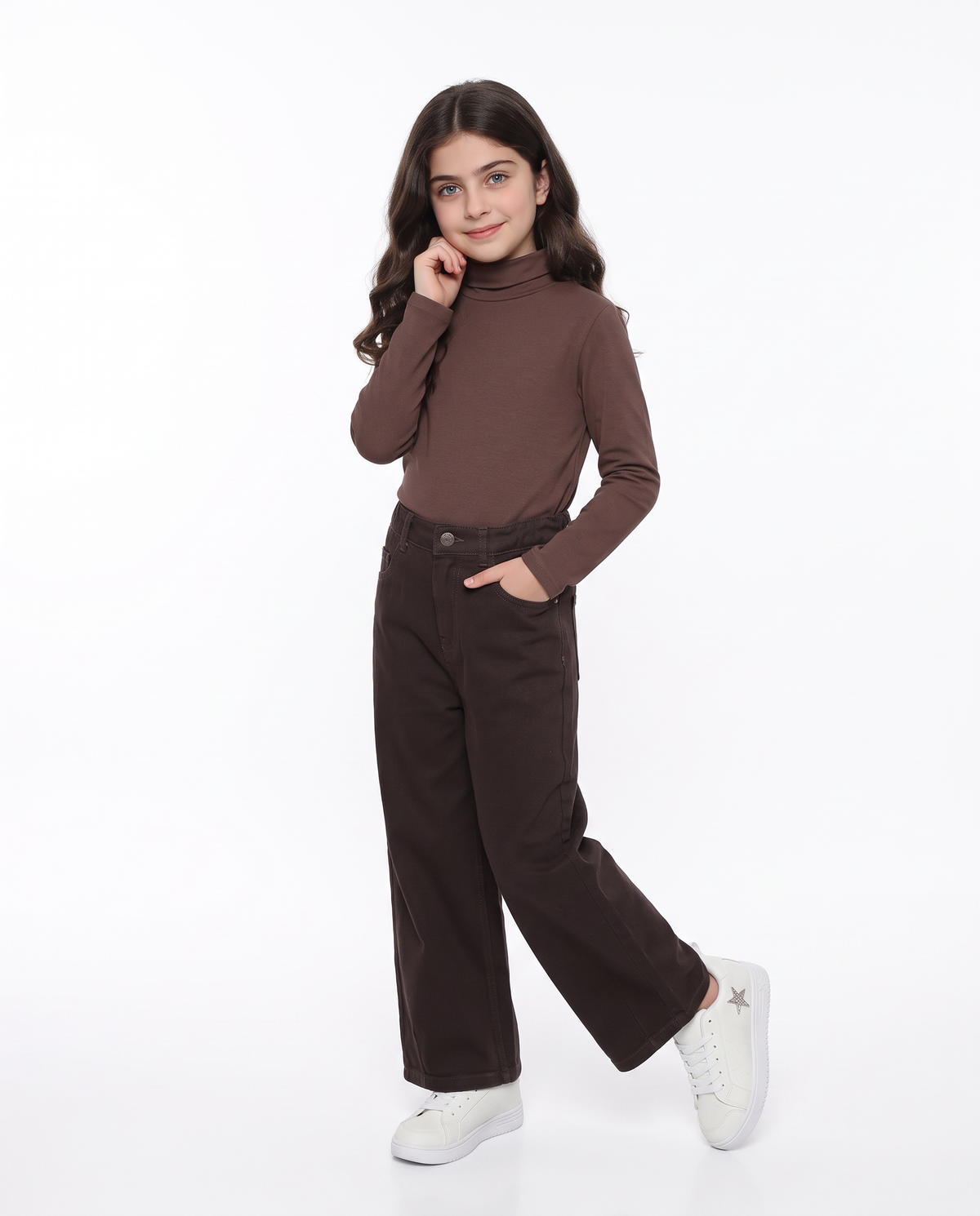 T-shirt collo alto manica lunga interlock - Marrone cioccolato