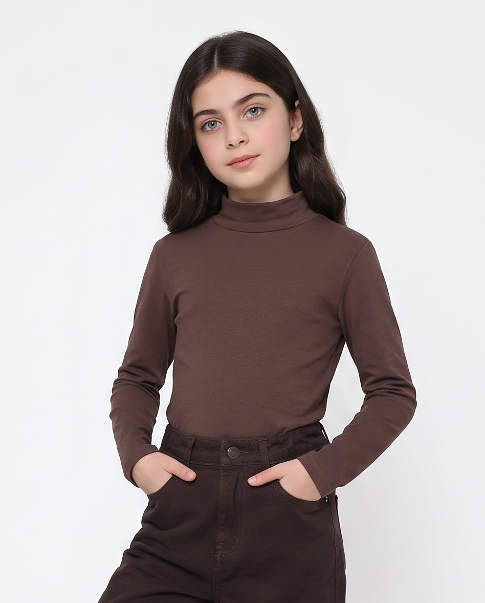 T-shirt collo alto manica lunga interlock - Marrone cioccolato