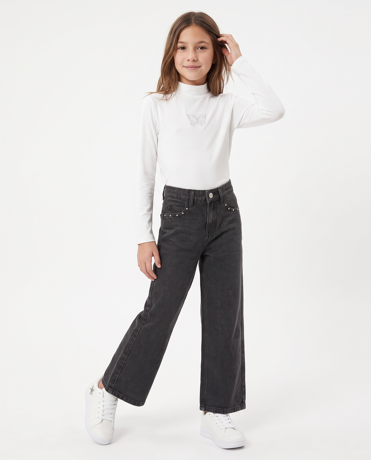 Long sleeve mock neck T-shirt interlock - White