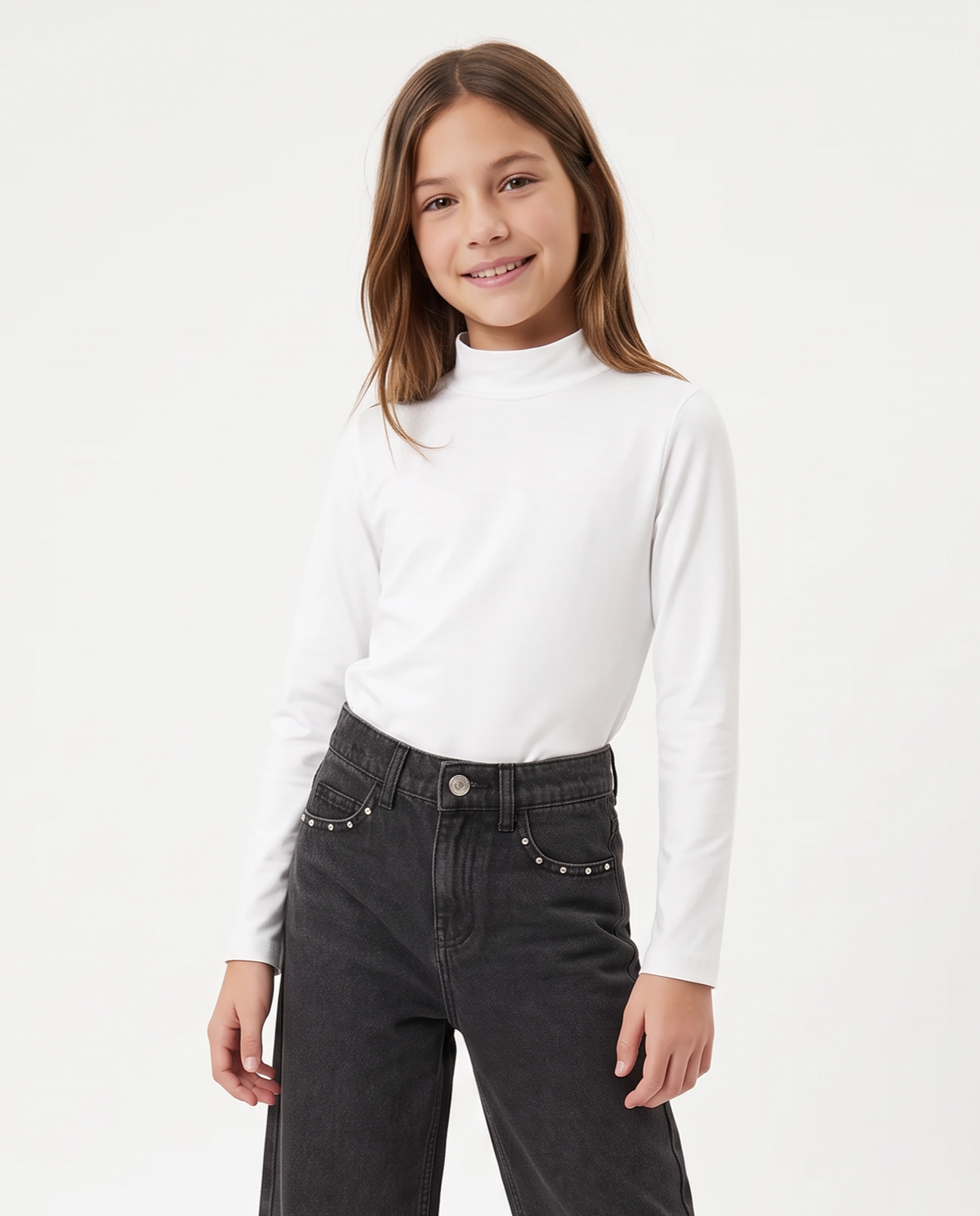Long sleeve mock neck T-shirt interlock - White