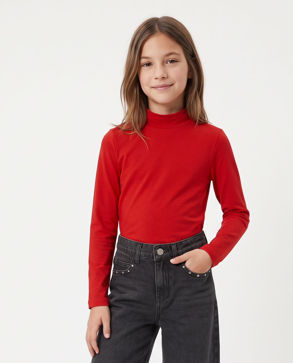 T-shirt mezzo collo manica lunga interlock - Rosso
