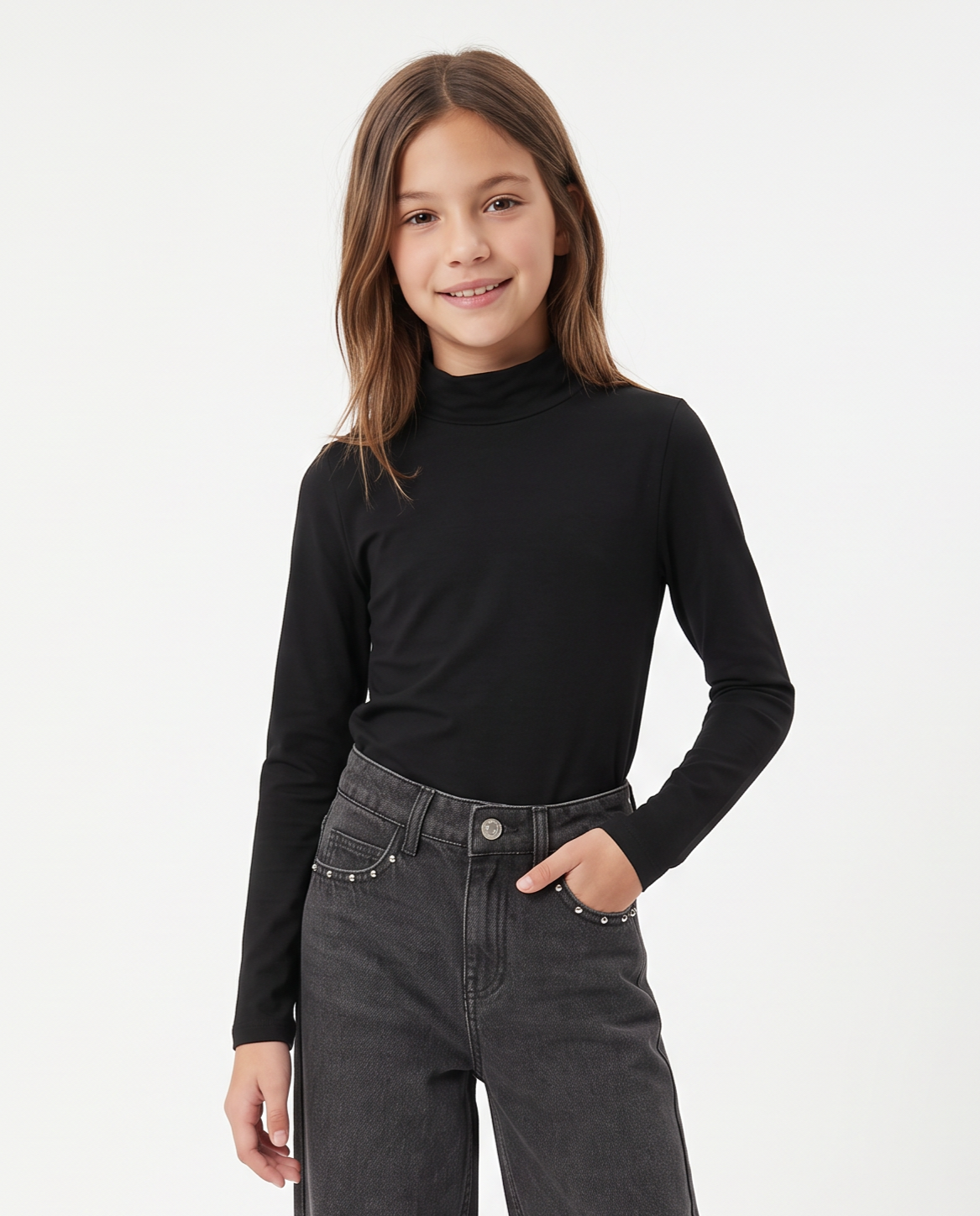 T-shirt mezzo collo manica lunga interlock - Nero
