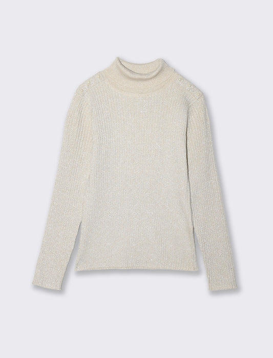 Maglia collo alto bambina in costina - Beige
