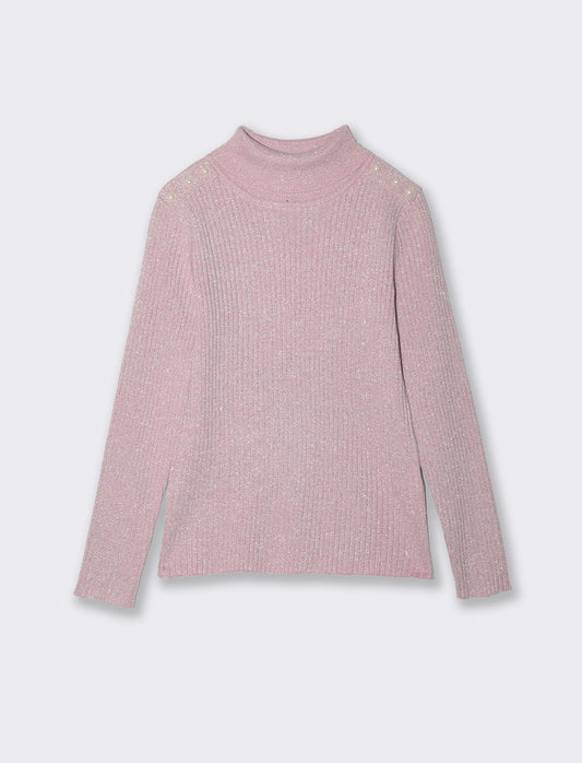 Maglia collo alto bambina in costina - Rosa polvere