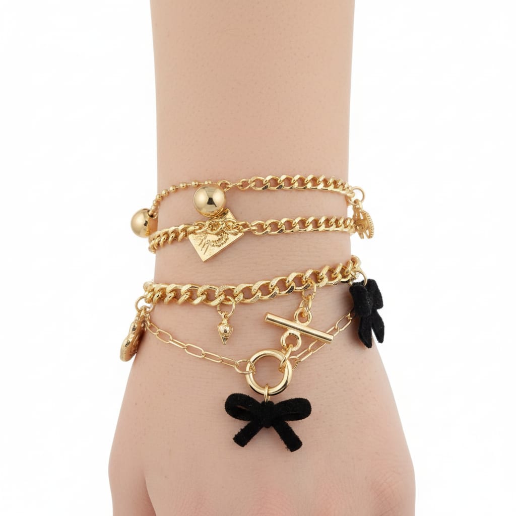 Card 4 Bracelets Bows and Hearts - Black