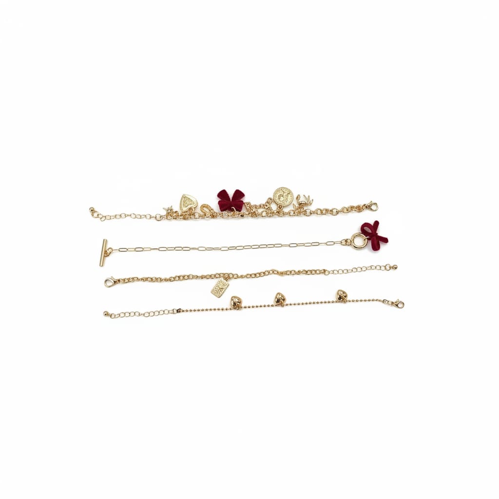Card 4 Bracelets Bows and Hearts - Red