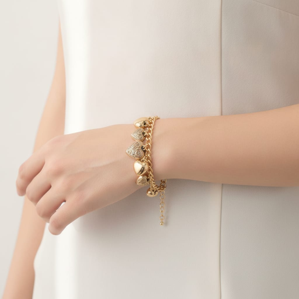 Bracciale di cuori lisci e intarsiati - Oro