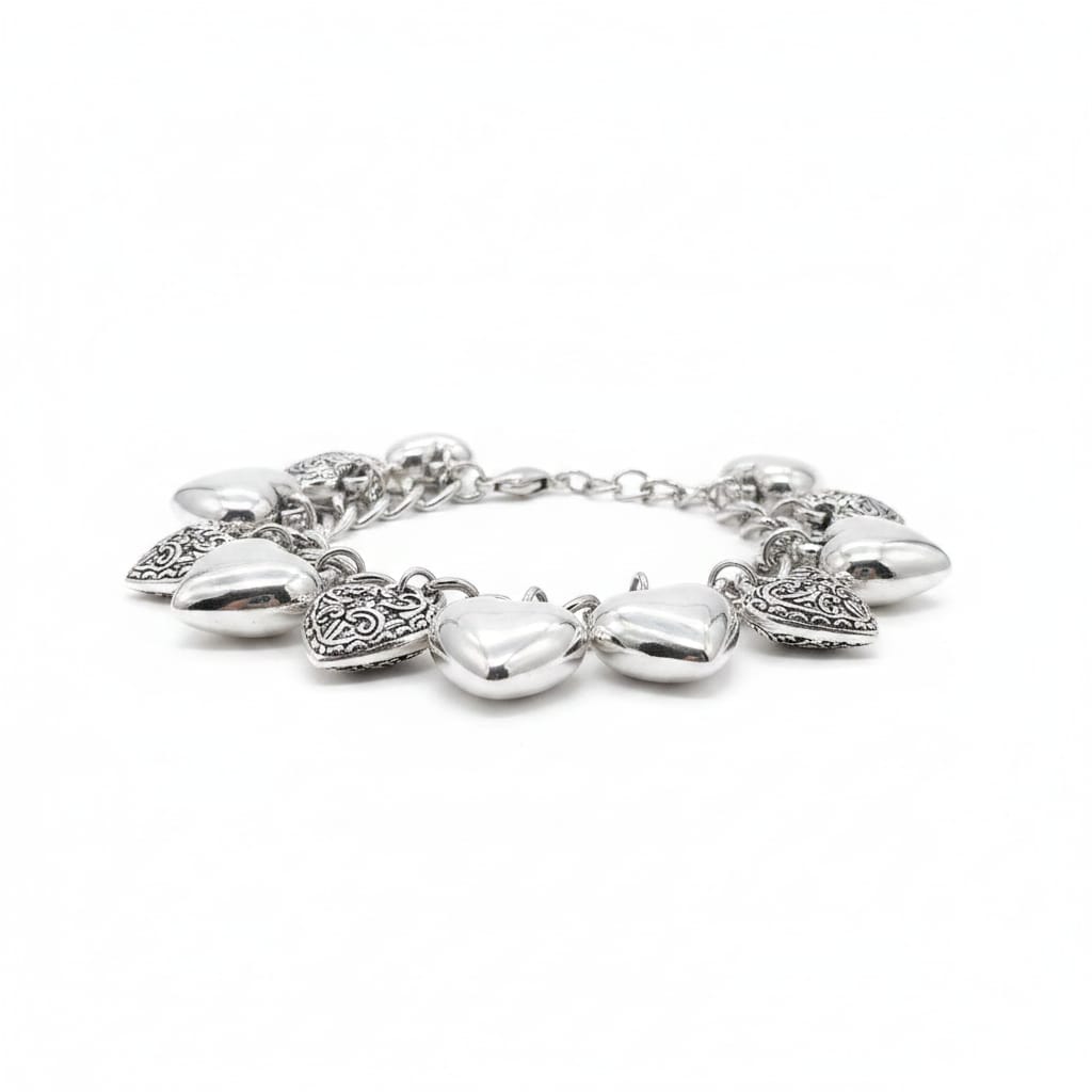 Smooth and Inlaid Heart Bracelet - Silver
