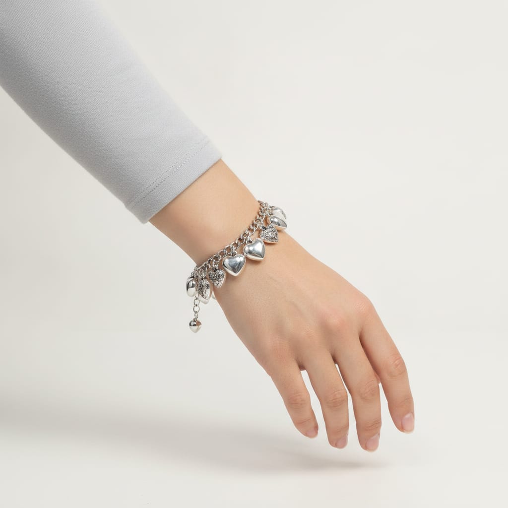 Bracciale di cuori lisci e intarsiati - Argento