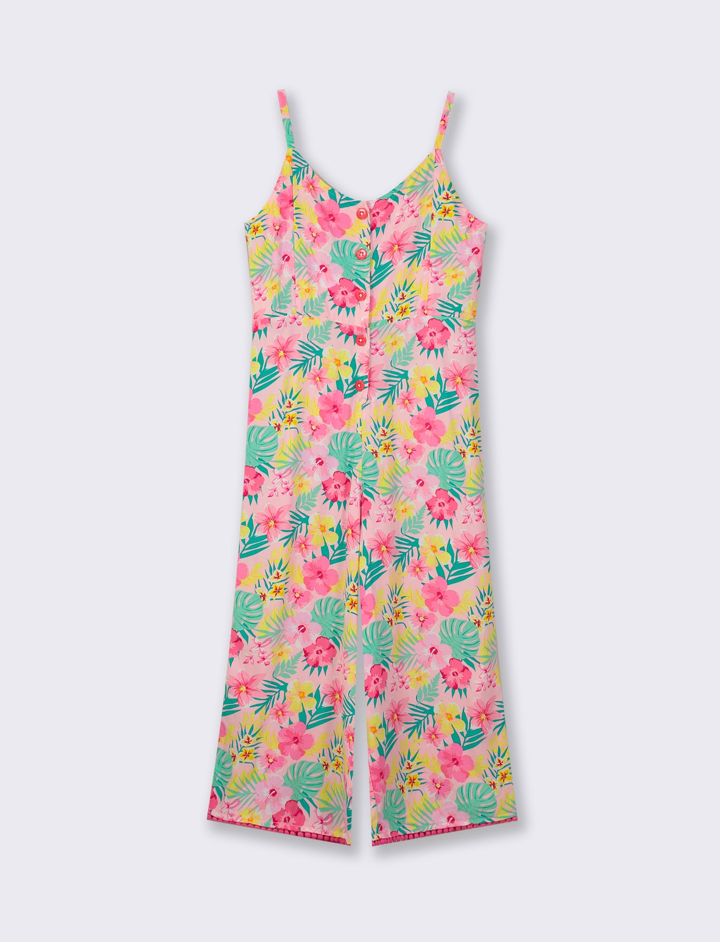 Printed Viscose Overalls with Front Buttons and Elastic Back - Multicolor