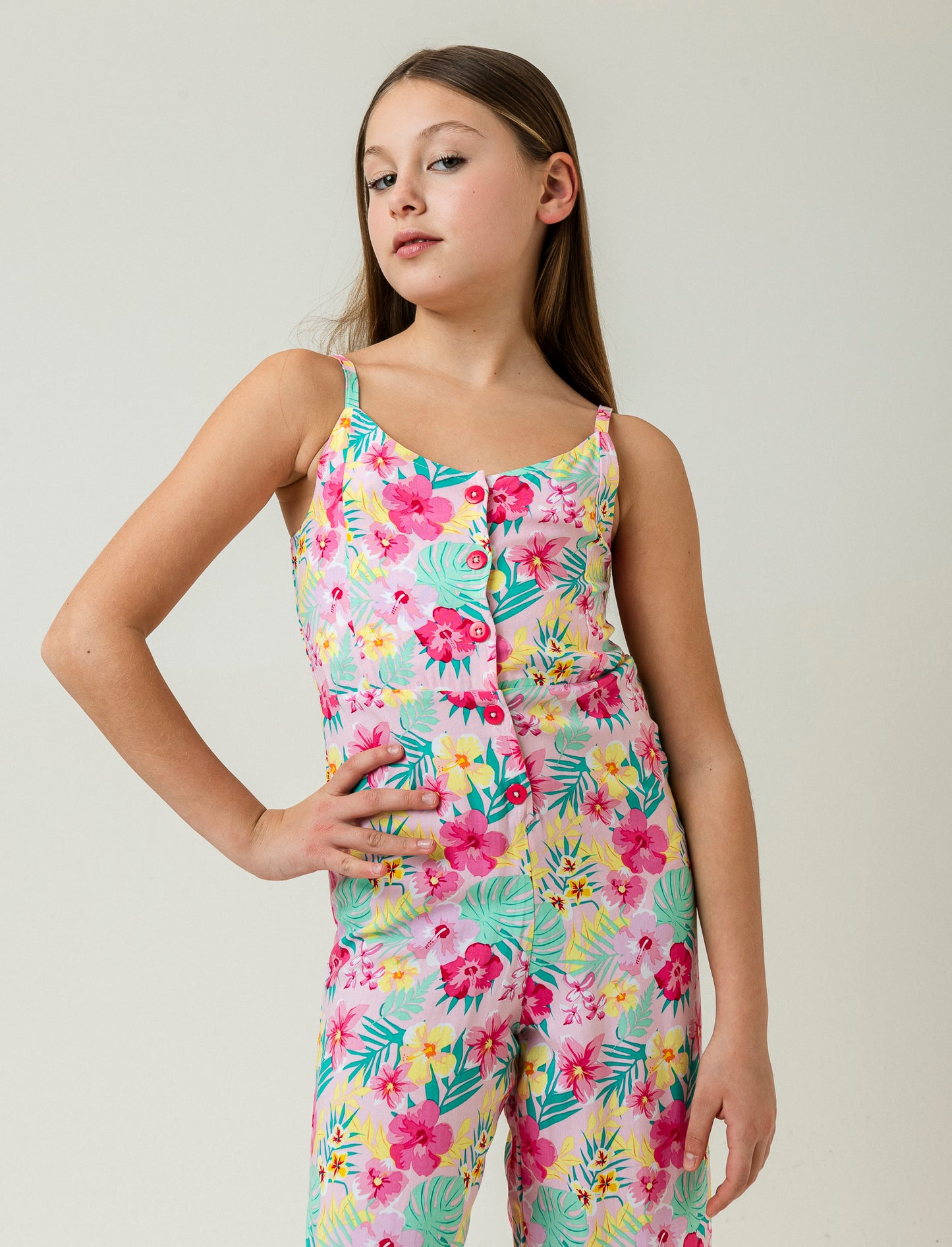 Printed Viscose Overalls with Front Buttons and Elastic Back - Multicolor