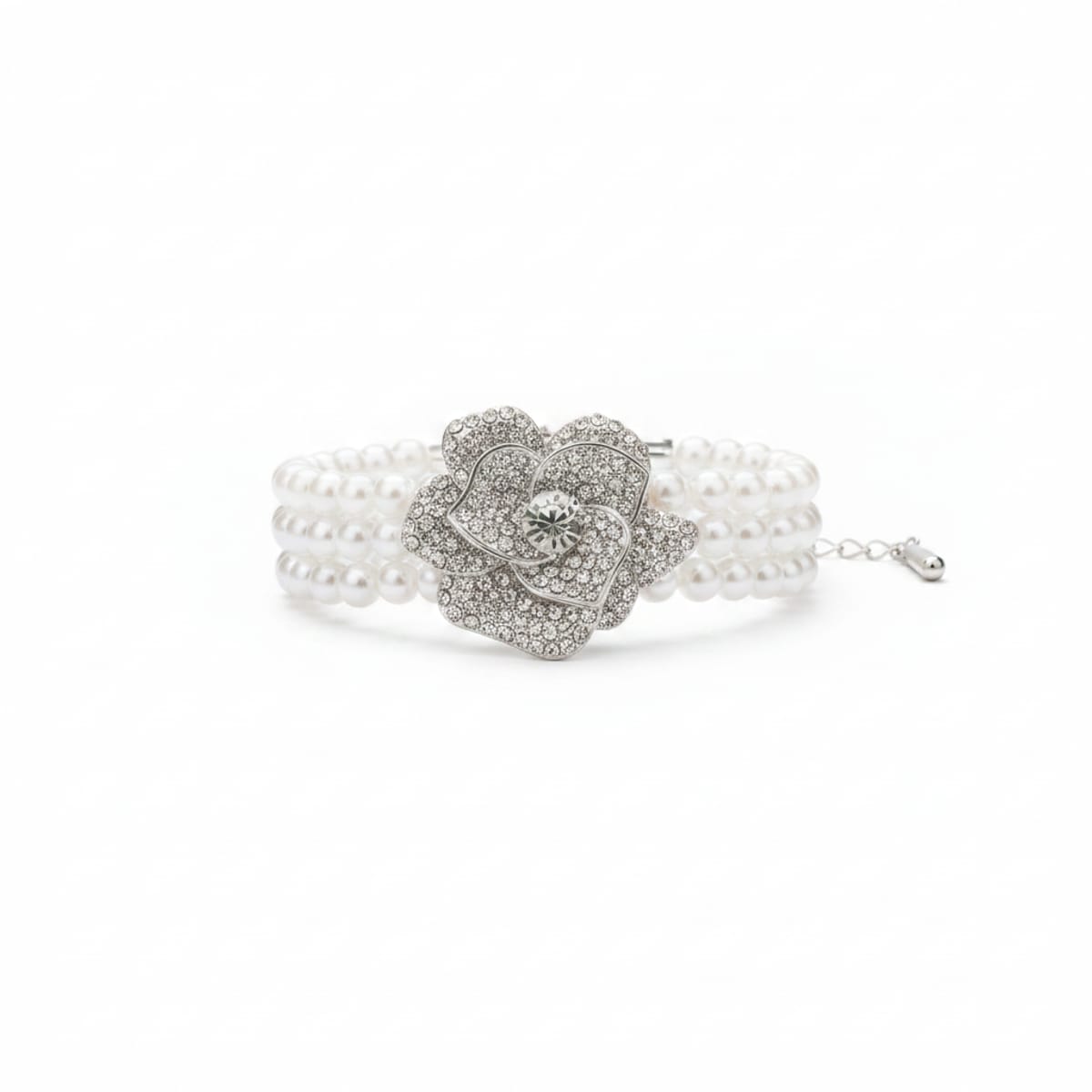 Bracciale con perle e fiore di strass - Argento