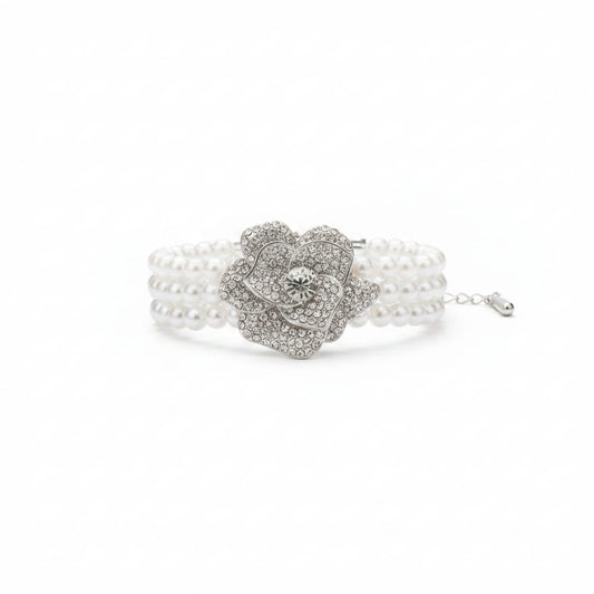Bracciale con perle e fiore di strass - Argento