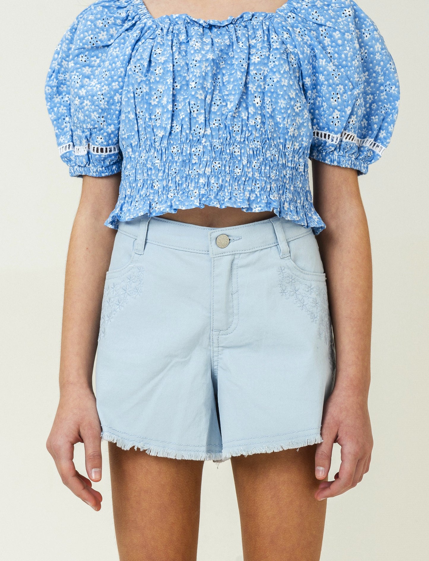 Short in twill elastico con ricami - Azzurro