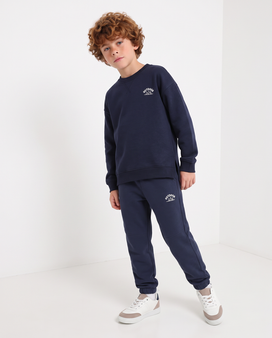 Minimal crewneck sweatshirt with print and slits - Blue