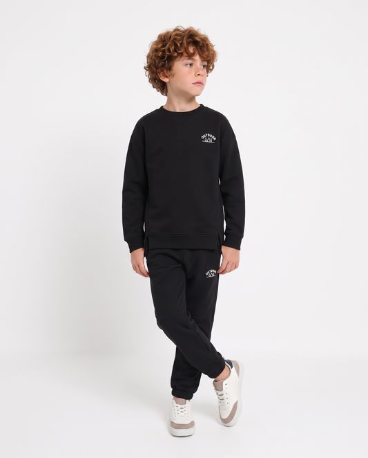 Minimal crewneck sweatshirt with print and slits - Black