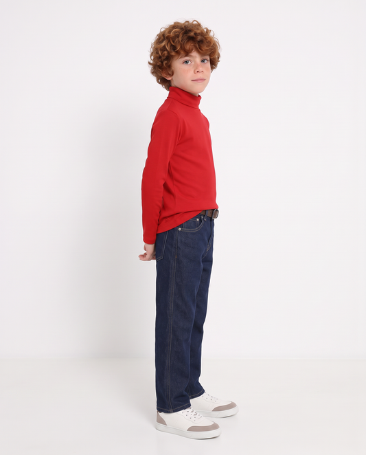High-neck cotton interlock T-shirt - Red