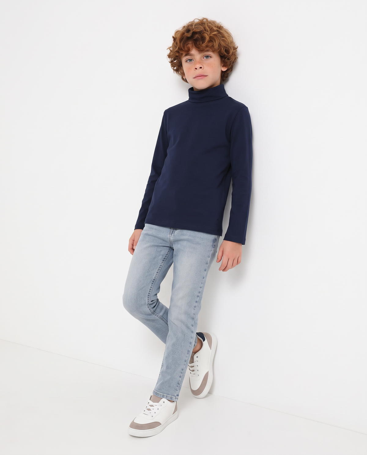 High-neck cotton interlock T-shirt - Blue