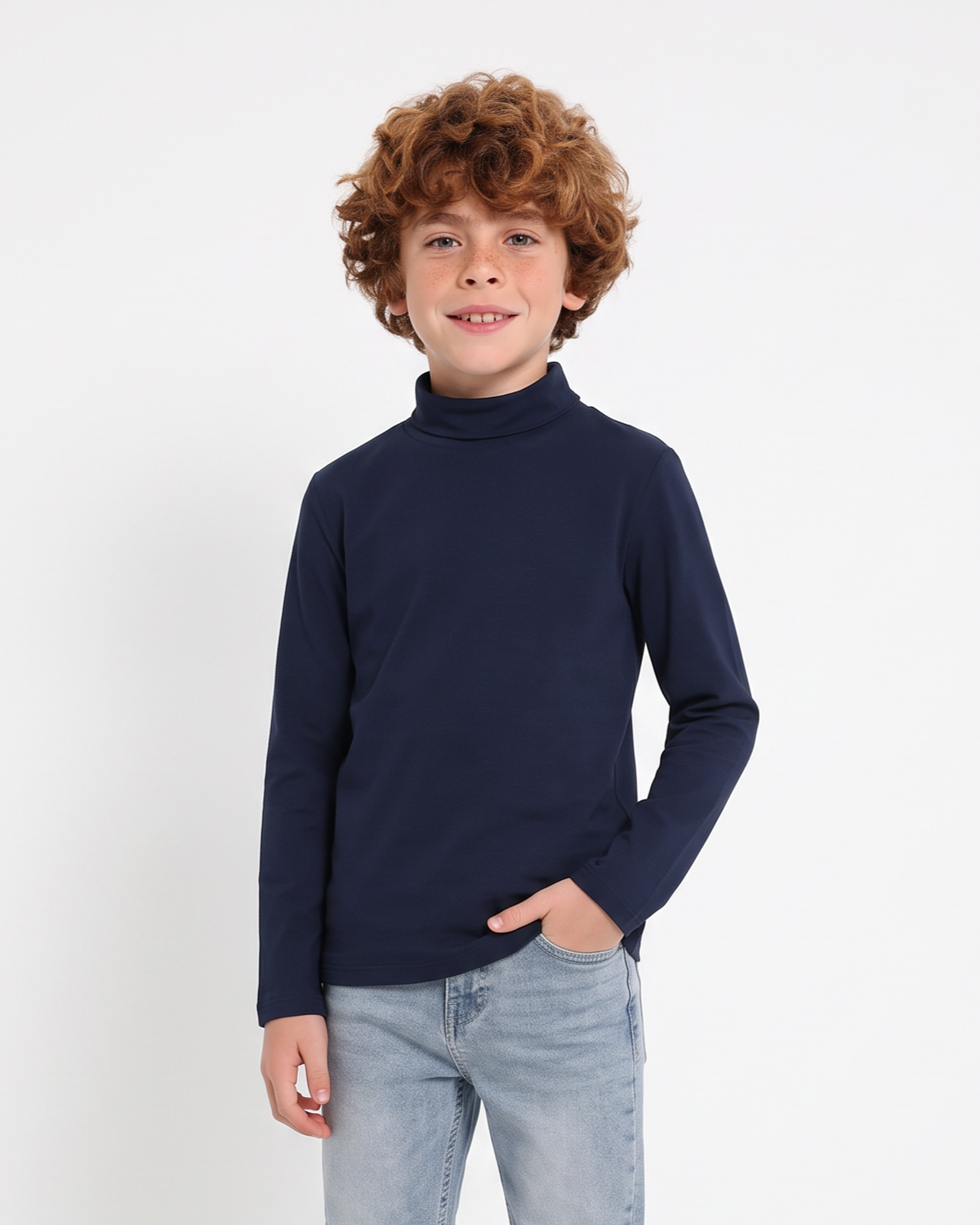 High-neck cotton interlock T-shirt - Blue