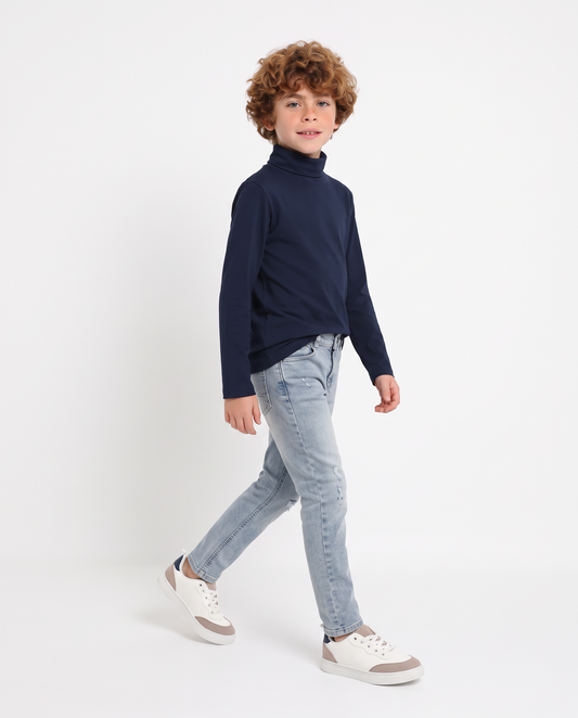 High-neck cotton interlock T-shirt - Blue