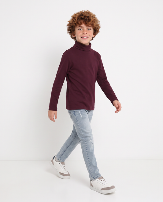 High-neck cotton interlock T-shirt - Red