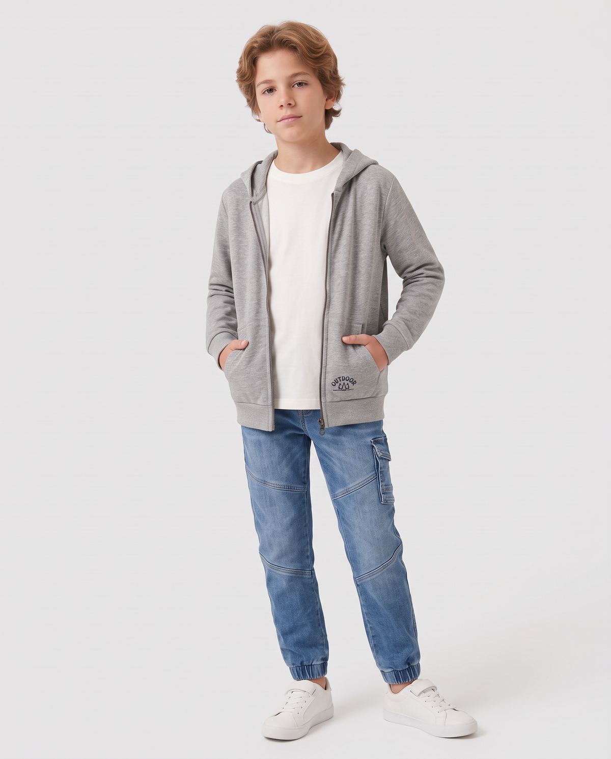 Hooded sweatshirt with zip and kangaroo pocket - Grey