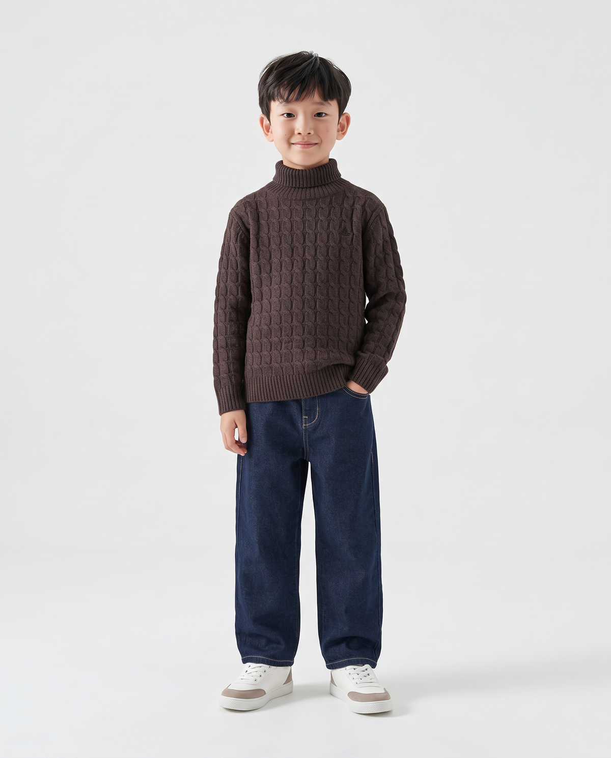 High-neck braided winter sweater - Brown