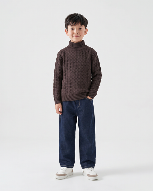 High-neck braided winter sweater - Brown