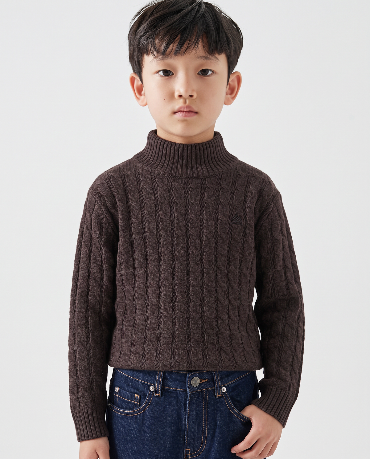 High-neck braided winter sweater - Brown