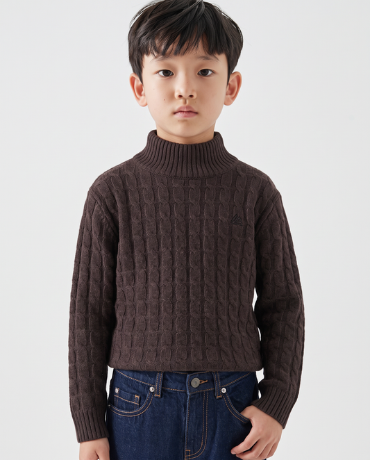 High-neck braided winter sweater - Brown
