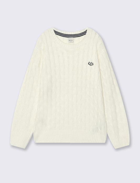Braided crew neck long sleeve sweater - White