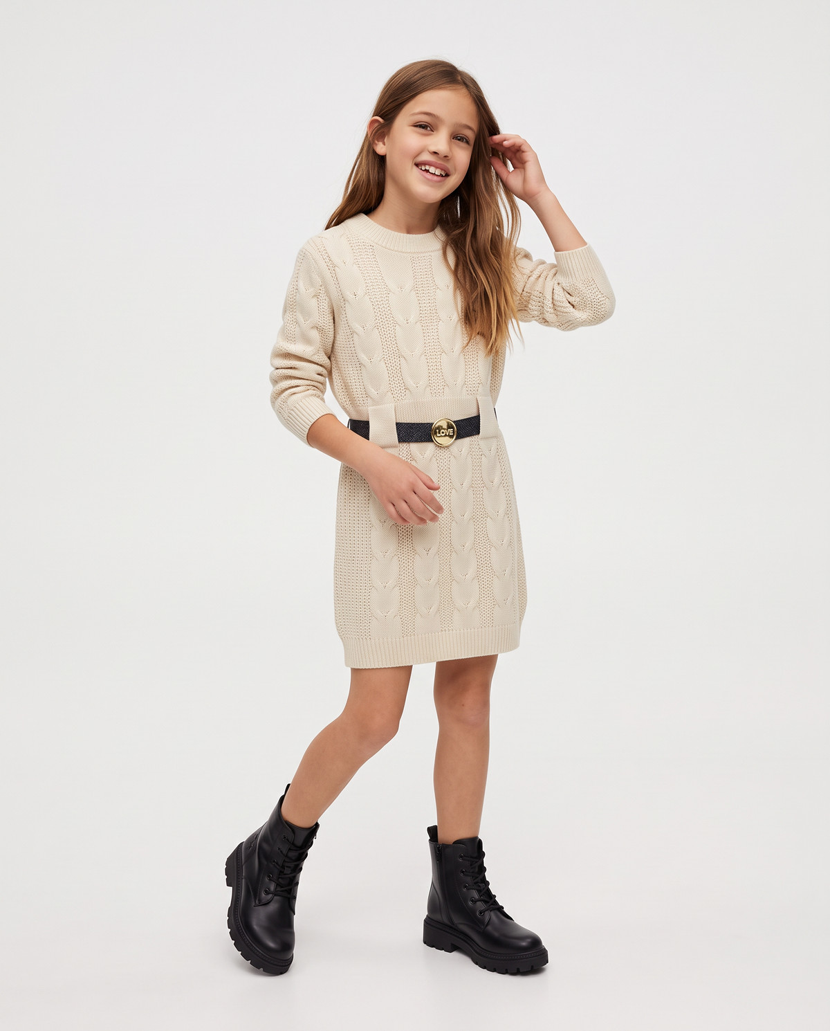 Knit dress with waist belt - Beige