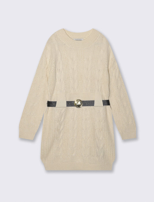 Abito in maglieria con cintura in vita - Beige