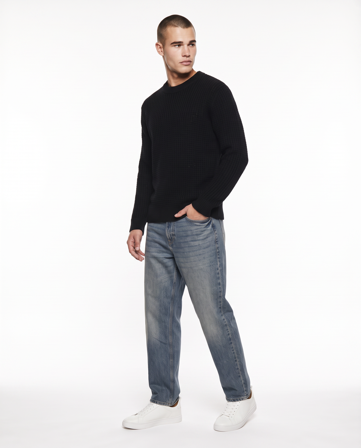 Maglia girocollo jacquard in ciniglia - Nero