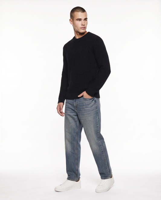 Maglia girocollo jacquard in ciniglia - Nero
