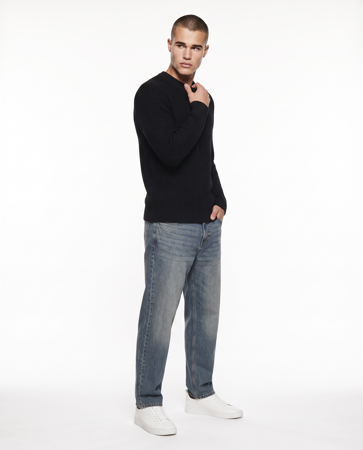 Maglia girocollo jacquard in ciniglia - Nero