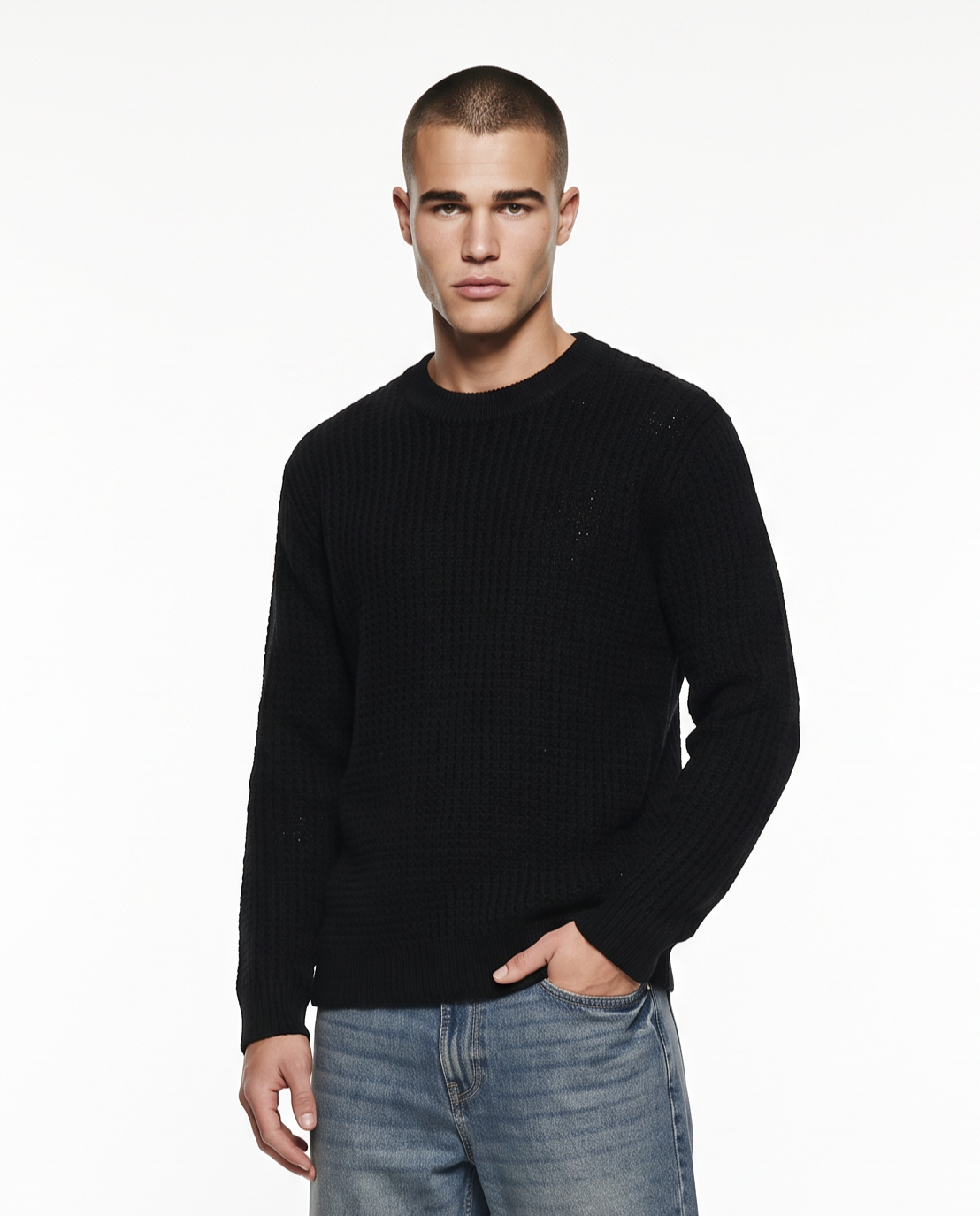 Maglia girocollo jacquard in ciniglia - Nero