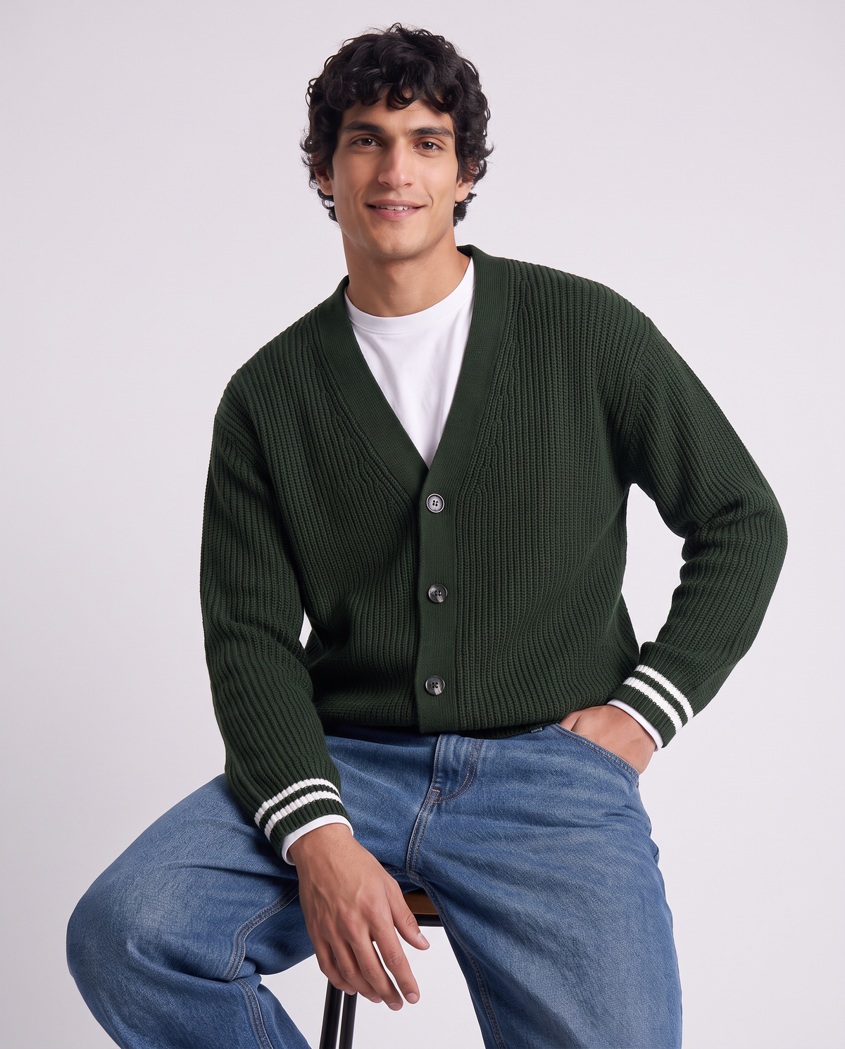 Cardigan Sweater with Buttons and Contrast - Green
