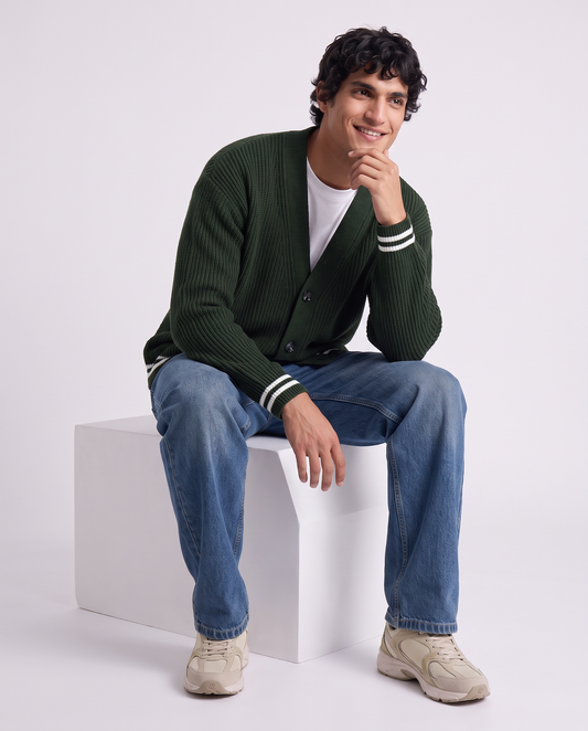 Cardigan Sweater with Buttons and Contrast - Green