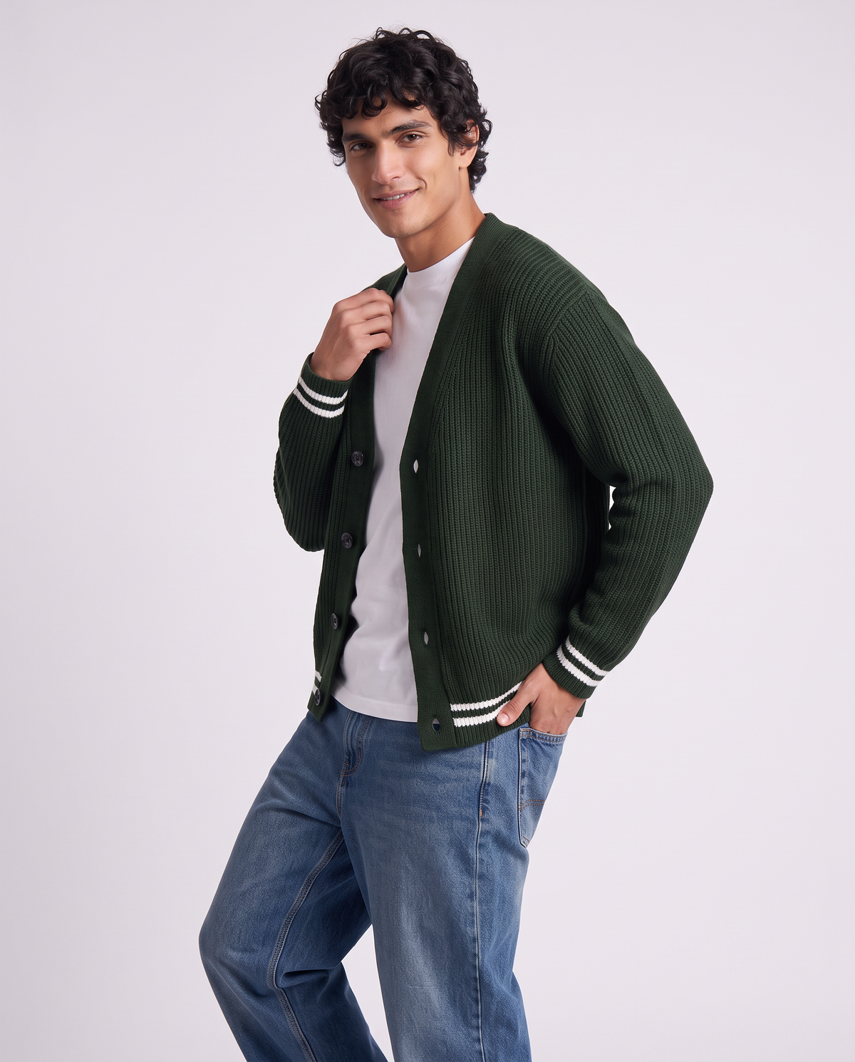 Cardigan Sweater with Buttons and Contrast - Green