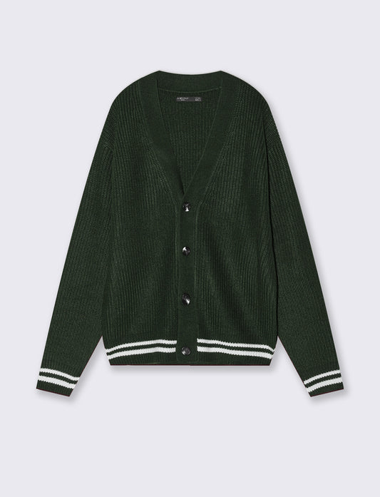 Maglia Cardigan con Bottoni e Contrasto - Verde scuro