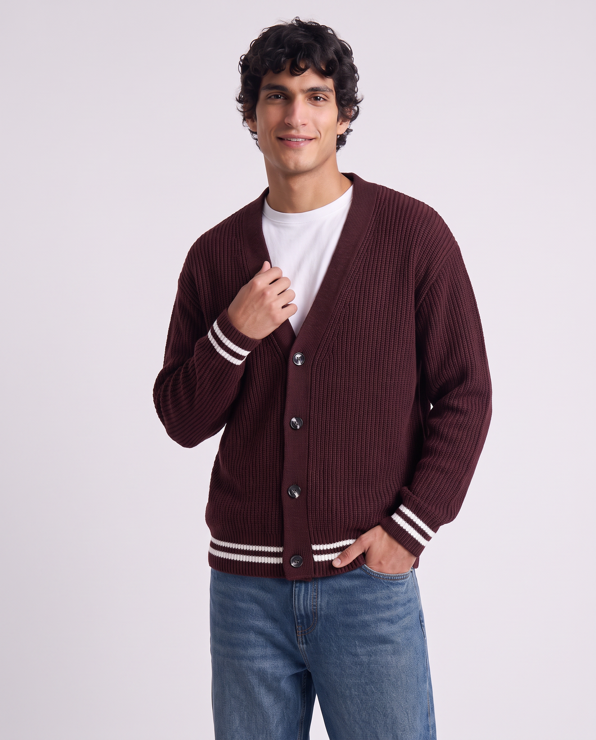 Cardigan Sweater with Buttons and Contrast - Red